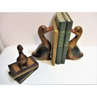 Wood Duck Book Ends & Decor Figure 3pc Set Library Handcrafted Mandalay 8 1/4"    173415836050